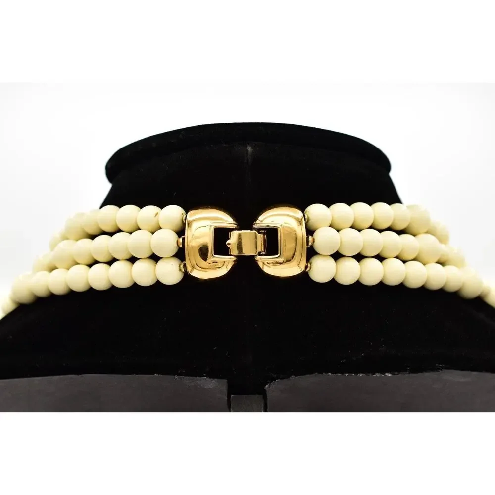 Monet Vintage Beaded Necklace Off White Round Layered Chunky Signed 1970s BinA17